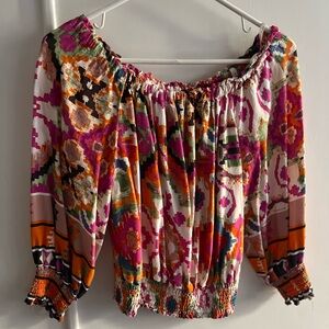 Christian Siriano NY Floral Print Crop Peasant Top in Pink and Orange